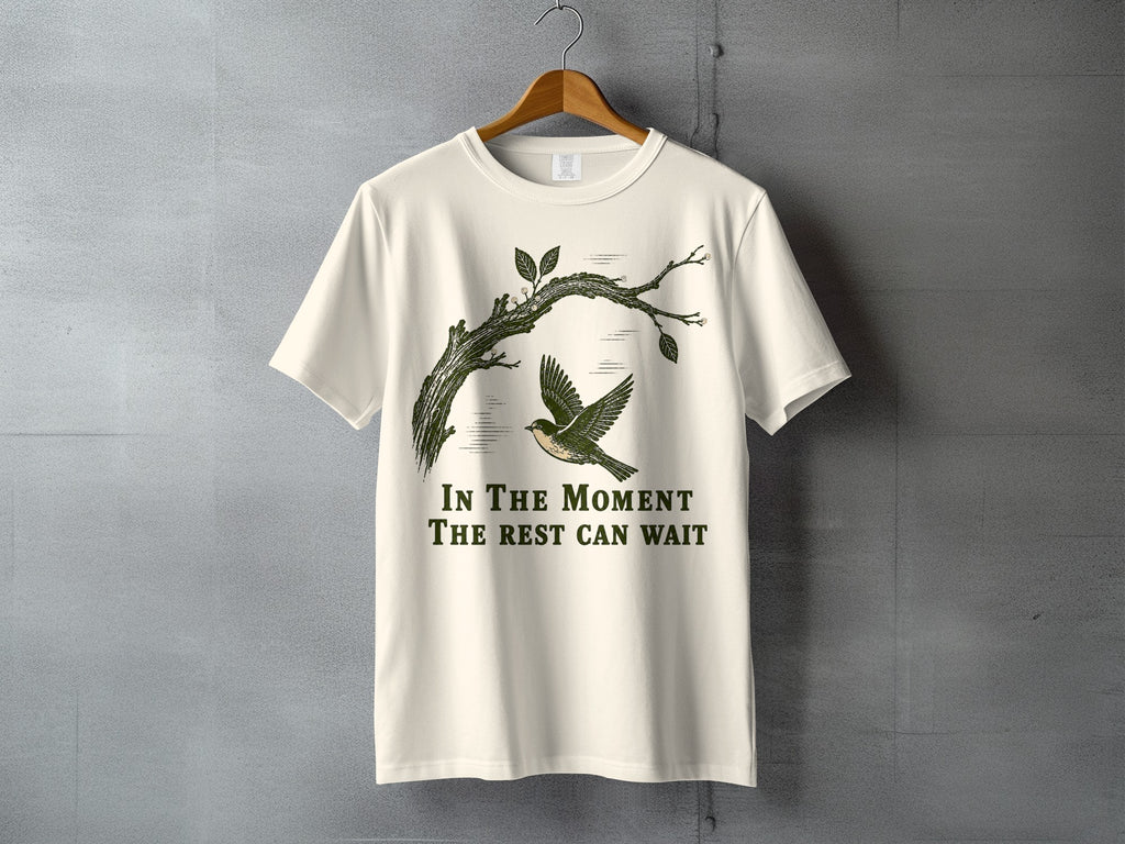 Cream t-shirt with a bird flying from a branch and text "In The Moment The Rest Can Wait".