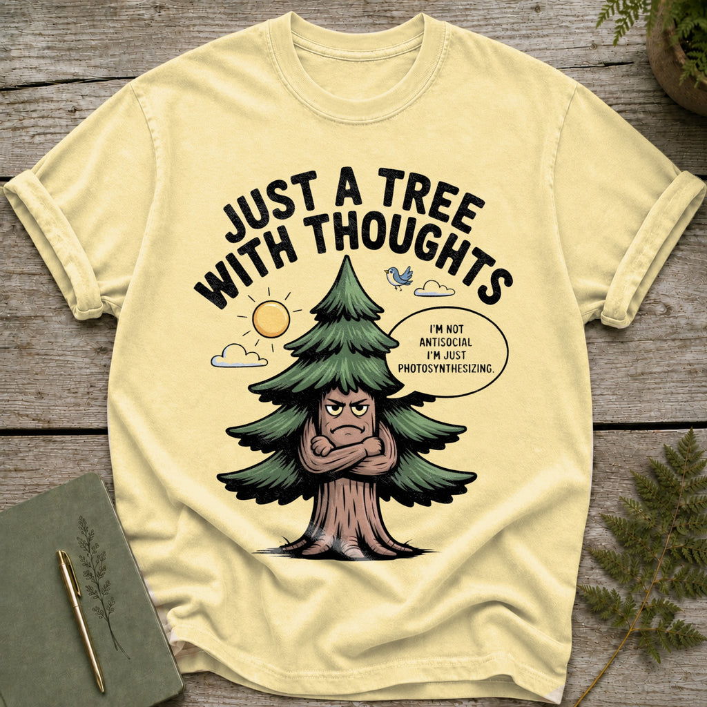 T-shirt graphic of a grumpy tree with crossed arms and text bubble stating "I'm not antisocial."