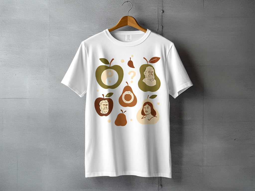 Great Thinkers Fruit Symbolism Abstract Graphic product type
T-shirt, Graphic Tee, Philosophical, Thinker Art, Fruit Design, Apple Graphic, Pear Graphic, Abstract Art, Symbolic Design, Socrates, Descartes, Yin Yang Symbol, Question Mark, Unique Print, White Shirt, Casual Fashion, Historical Figures, Art History, Intellectual Style, Creative Design