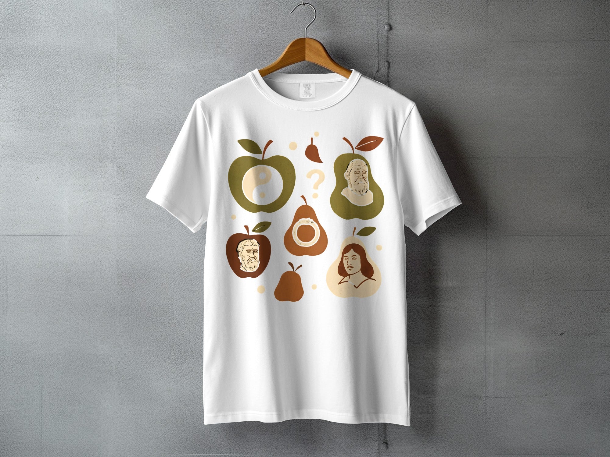 Great Thinkers Fruit Symbolism Abstract Graphic product type
T-shirt, Graphic Tee, Philosophical, Thinker Art, Fruit Design, Apple Graphic, Pear Graphic, Abstract Art, Symbolic Design, Socrates, Descartes, Yin Yang Symbol, Question Mark, Unique Print, White Shirt, Casual Fashion, Historical Figures, Art History, Intellectual Style, Creative Design