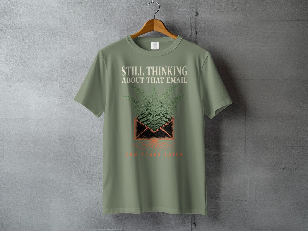 Light green t-shirt with text "STILL THINKING ABOUT THAT EMAIL" and fern imagery.