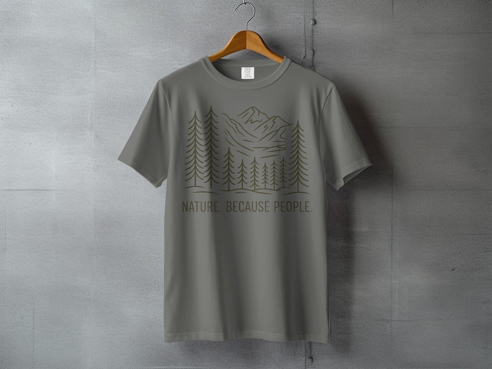 Gray t-shirt with trees, mountains, and "NATURE. BECAUSE PEOPLE." text.