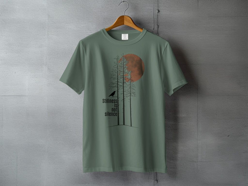 Stillness IS Not Silence Trees Bird Moon Forest Quote product type