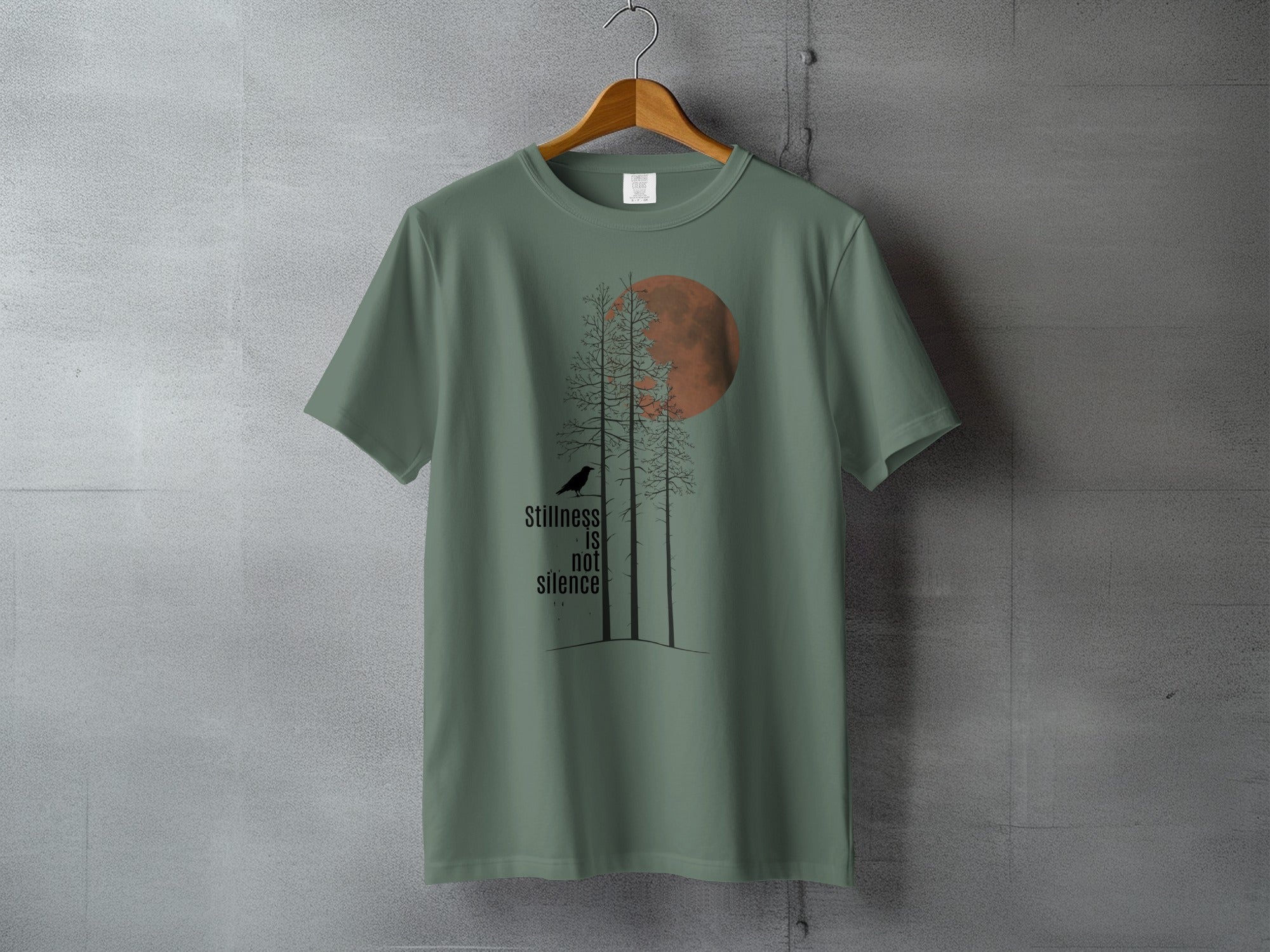 Stillness IS Not Silence Trees Bird Moon Forest Quote product type