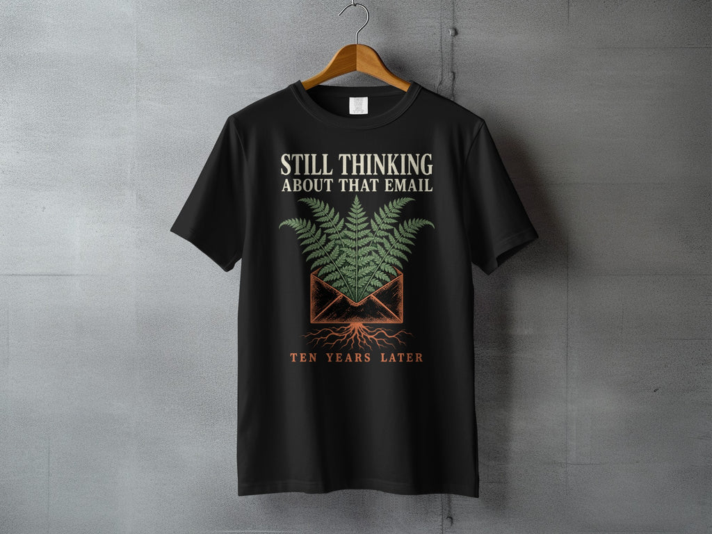 Black t-shirt with "STILL THINKING ABOUT THAT EMAIL TEN YEARS LATER" text and fern design.