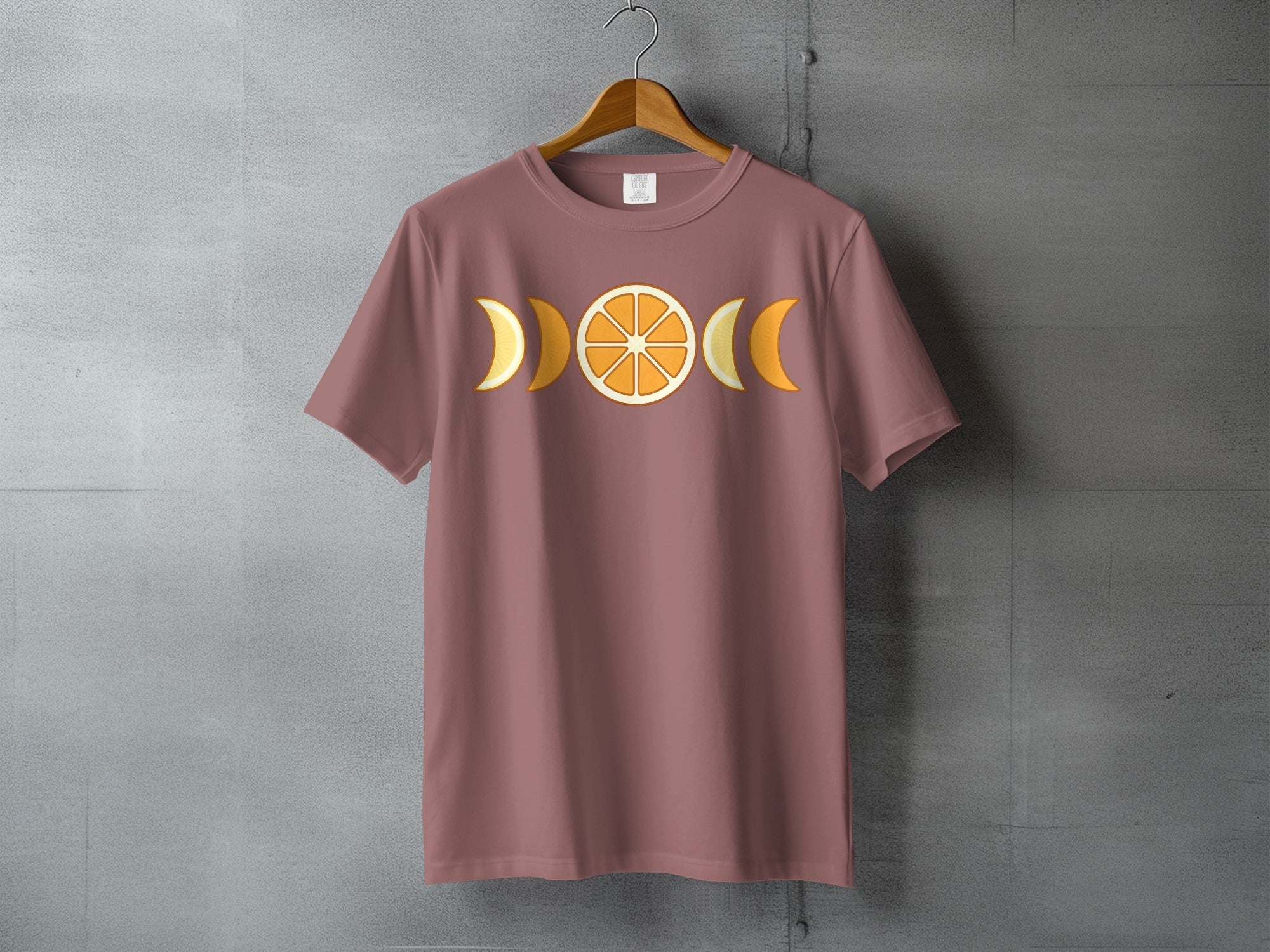 Orange Fruit Moon Phase Graphic Garment product type
t-shirt, shirt, tee, apparel, clothing, top, orange, fruit, moon, phases, celestial, citrus, slice, graphic, design, art, summer, casual, unique, trendy
