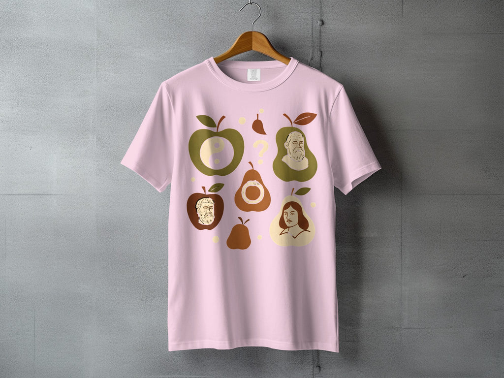 Historical figures fruit symbols philosophical product type
T-shirt
Philosophy
Philosophers
Fruit Graphic
Apple Design
Pear Design
Wisdom Art
Knowledge Tee
Historical Figures
Thinker Shirt
Yin Yang Symbol
Question Mark Art
Unique Design
Graphic Tee
Pink Apparel
Science Theme
Socrates Art
Descartes Art
Intellectual Style
Creative Product
