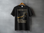 Black t-shirt with text "I WENT FOR A WALK RETURNED MARGINALLY IMPROVED" and illustrated landscape.