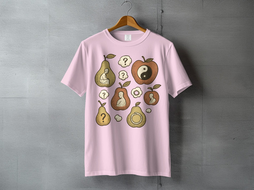 Meditative Fruit Yin Yang Design Pink Casual product type
Pink t-shirt, Fruit design, Apple art, Pear graphic, Yin Yang symbol, Meditation art, Spiritual shirt, Zen clothing, Question mark, Abstract fruit, Unique t-shirt, Graphic tee, Casual top, Unisex shirt, Artistic apparel, Philosophical design, Buddha image, Pastel pink, Nature shirt, Enlightenment motif