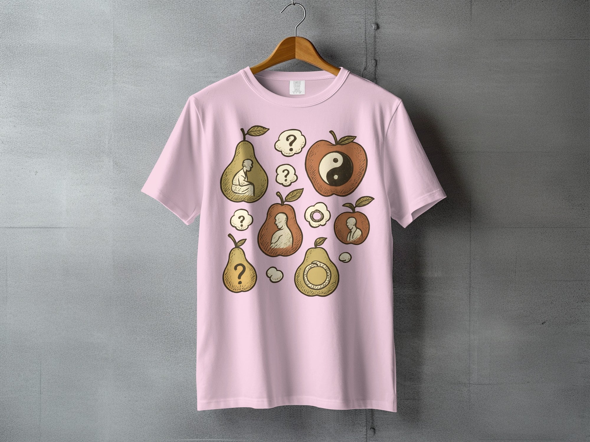 Meditative Fruit Yin Yang Design Pink Casual product type
Pink t-shirt, Fruit design, Apple art, Pear graphic, Yin Yang symbol, Meditation art, Spiritual shirt, Zen clothing, Question mark, Abstract fruit, Unique t-shirt, Graphic tee, Casual top, Unisex shirt, Artistic apparel, Philosophical design, Buddha image, Pastel pink, Nature shirt, Enlightenment motif