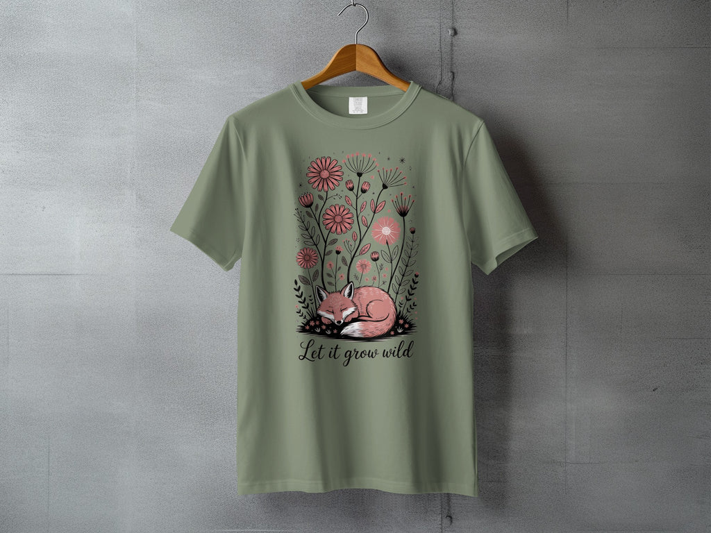 Cute Sleeping Fox Wildflower Pink Floral Let it grow wild T-shirt