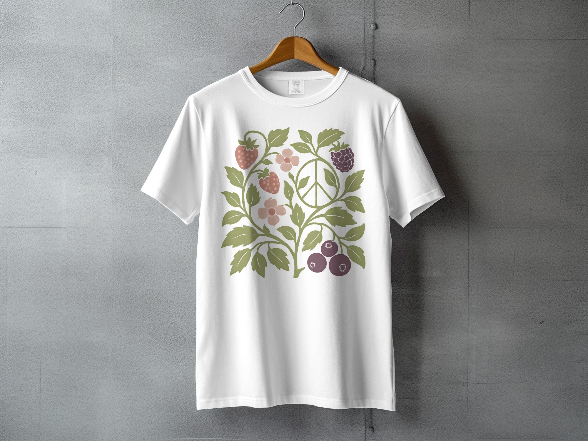 Berry Floral Peace Sign Nature Design product type
T-shirt
White shirt
Floral print
Botanical design
Strawberries
Raspberries
Blueberries
Berries
Peace sign
Peace symbol
Nature theme
Garden motif
Flower design
Leaf pattern
Fruit art
Summer style
Graphic tee
Vintage style
Hippie aesthetic
Earth tones