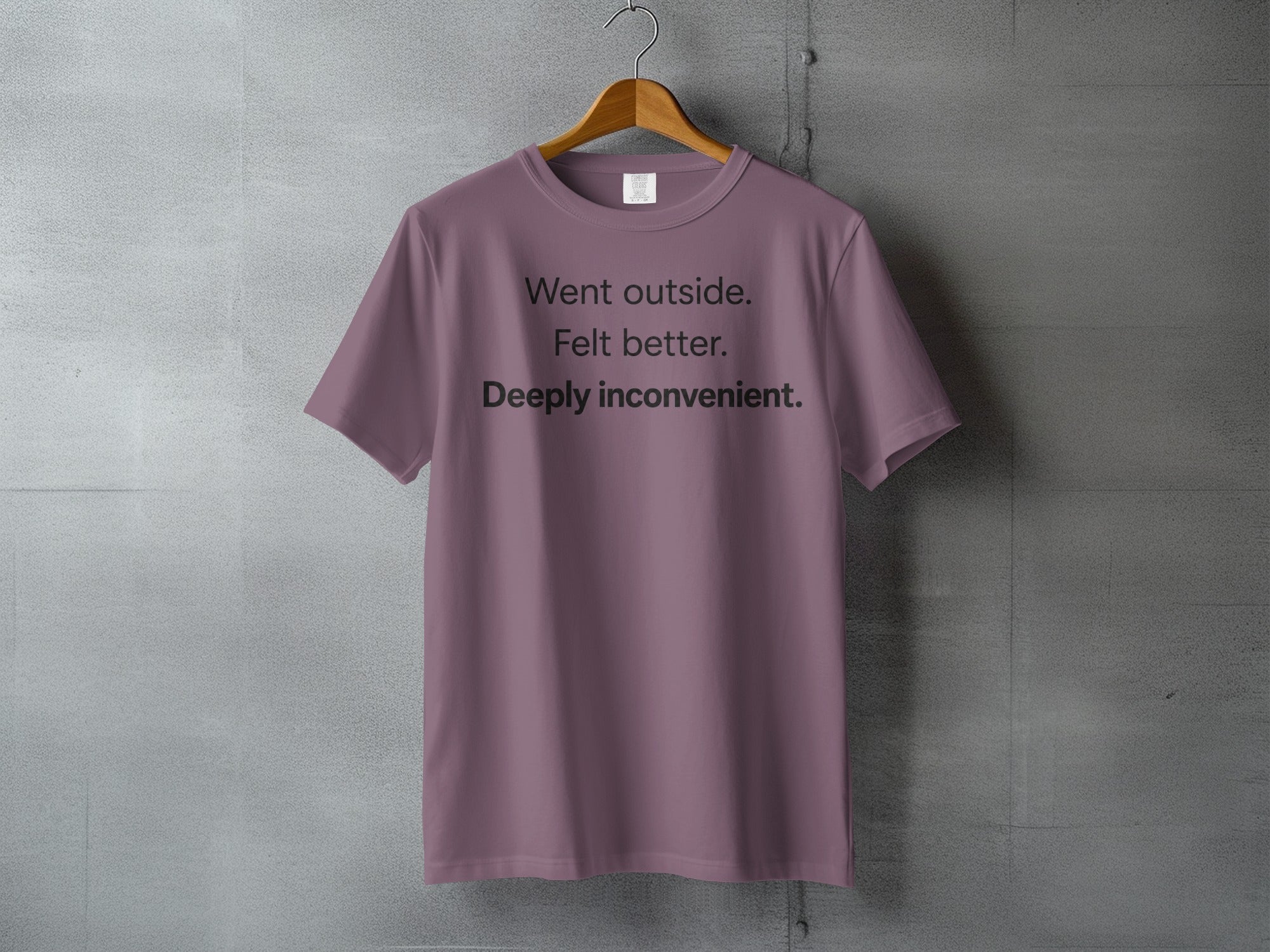 Purple t-shirt with black text "Went outside. Felt better. Deeply inconvenient."
