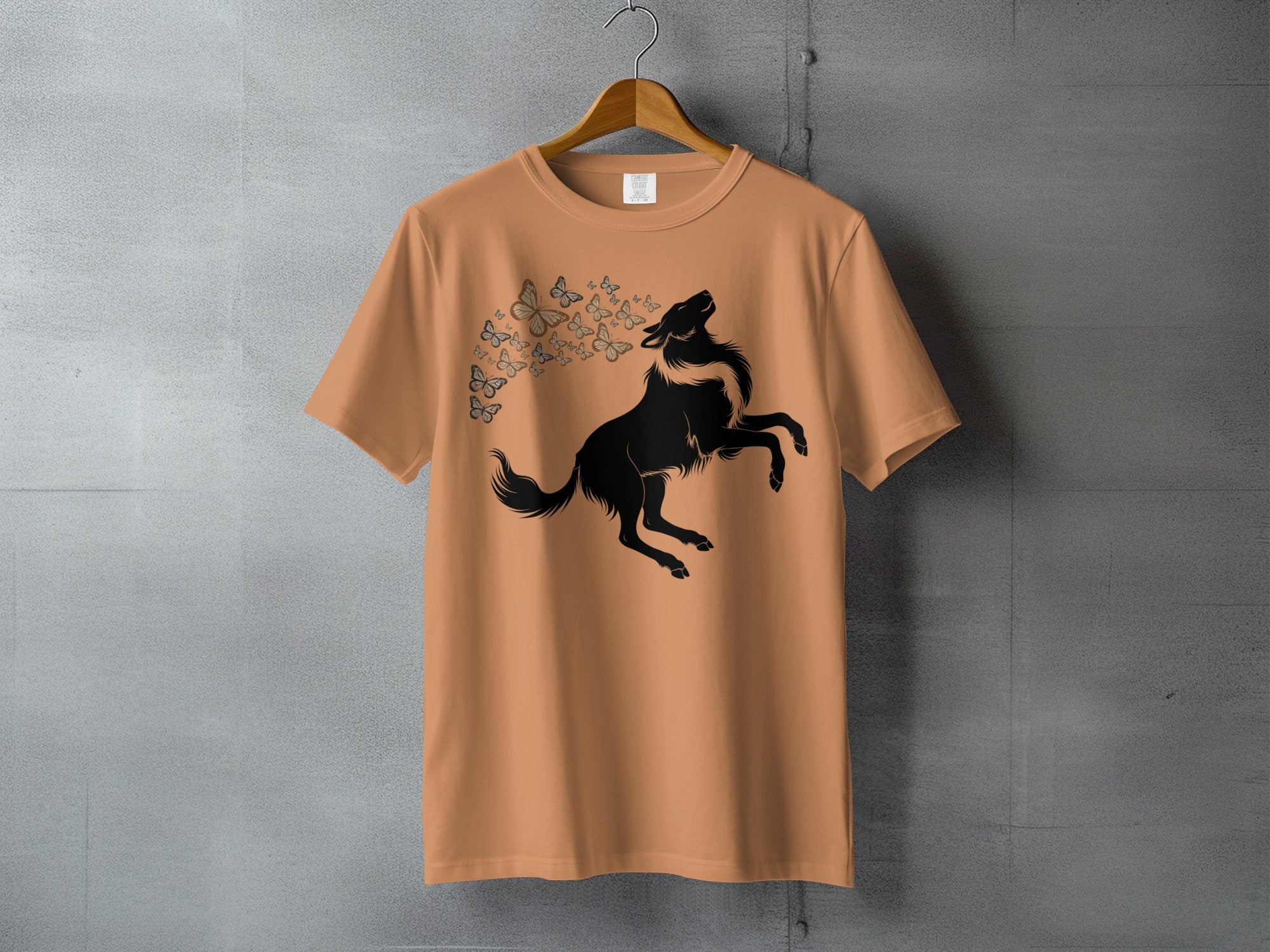 Rearing Wolf Butterflies Orange Garment Product Type
Wolf
Butterfly
Silhouette
HowlingWolf
AnimalPrint
NatureDesign
WildlifeArt
OrangeTee
PeachShirt
TanApparel
GraphicTShirt
WolfDesign
ButterflyArt
WildAnimal
MysticalTheme
SpiritAnimal
ForestCreature
UniqueApparel
CreatureGraphic
OutdoorsFashion