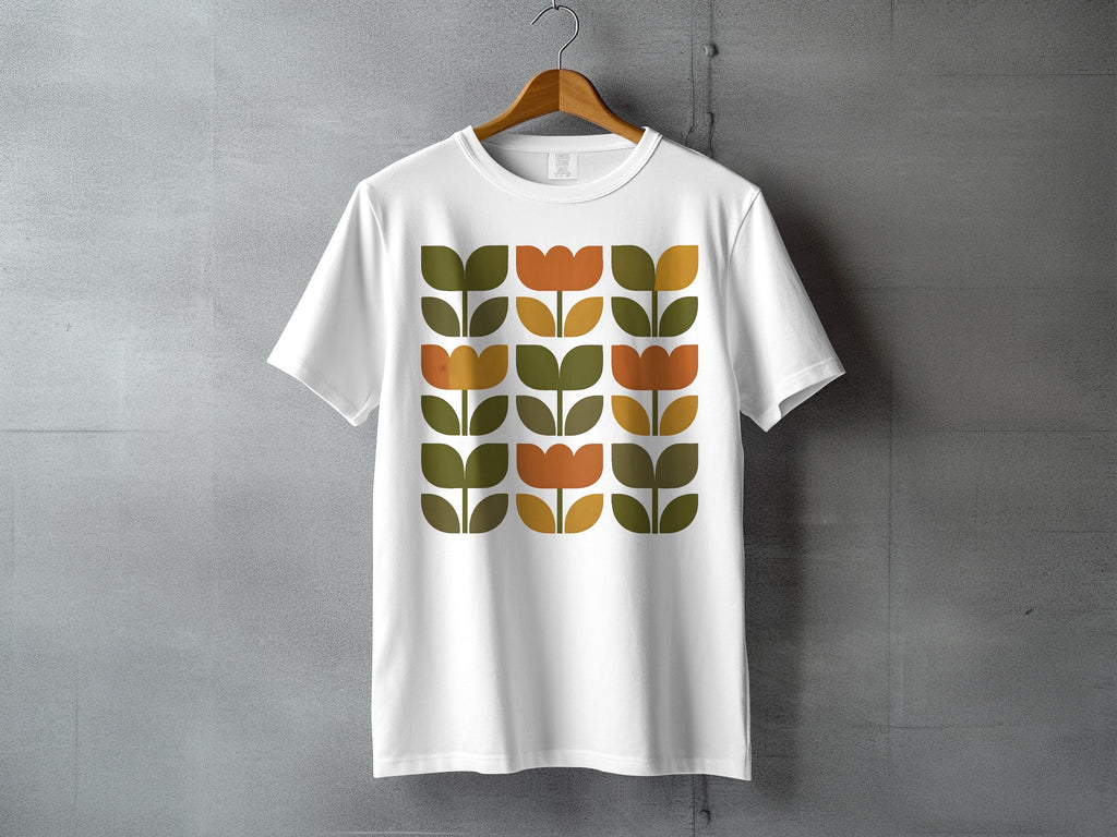 Mid-Century Tulip Pattern Design White product type
Tshirt, Floral, Tulip, Flower, MidCentury, Retro, Abstract, Geometric, Orange, OliveGreen, YellowGold, WhiteShirt, Patterned, Botanical, VintageInspired, AutumnColors, FallFashion, GraphicDesign, NatureInspired, ModPattern