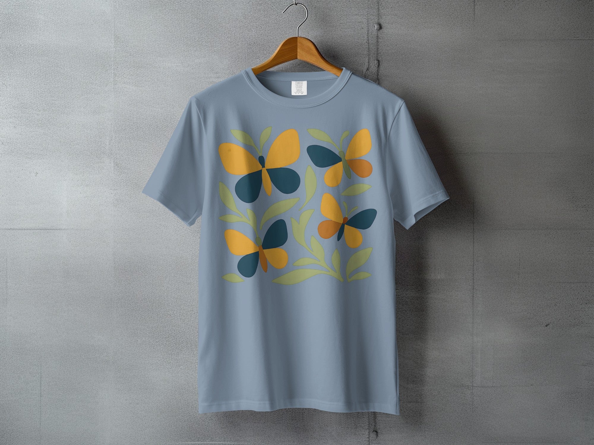 Blue Shirt Orange Yellow Teal Butterfly Leaf Design product type