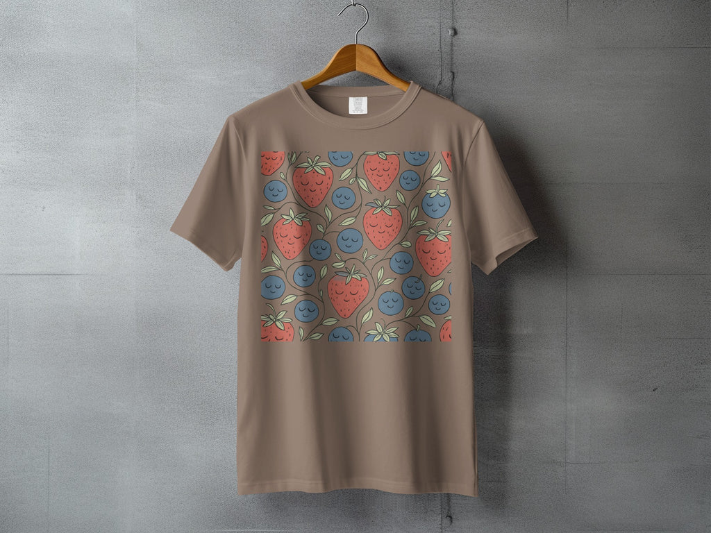 Smiling Strawberries Blueberries Vine Pattern T-shirt