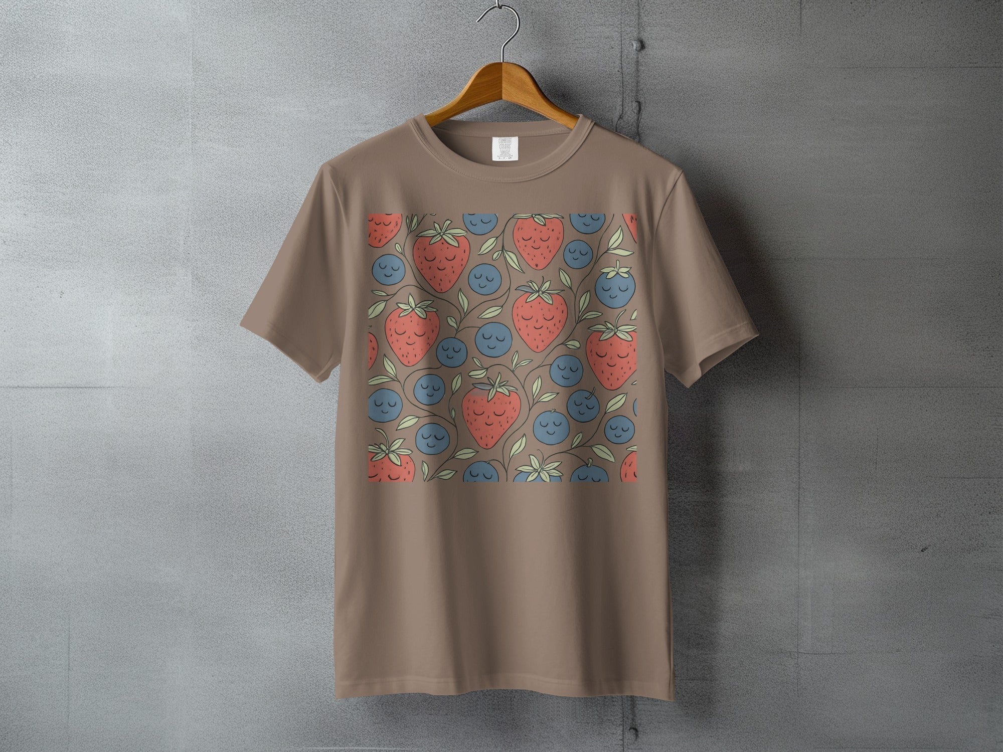 Smiling Strawberries Blueberries Vine Pattern T-shirt
