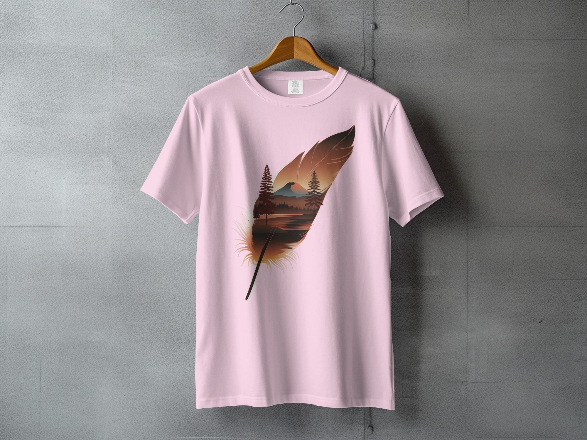 Feather Nature Landscape Sunset T-shirt product type
Feather t-shirt, Nature graphic, Landscape print, Mountain design, Forest scene, Sunset art, Sunrise colors, Outdoor adventure, Unique apparel, Stylish top, Graphic tee, Pink t-shirt, Artistic feather, Scenic view, Lake reflections, Tree motif, Custom print, Boho style, Nature lover, Casual clothing