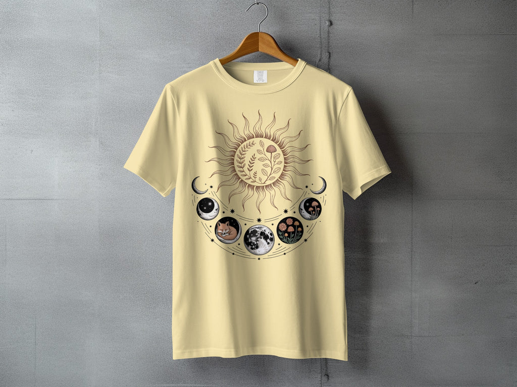 Mystical Sun Moon Phases Fox Mushroom Botanical T-shirt