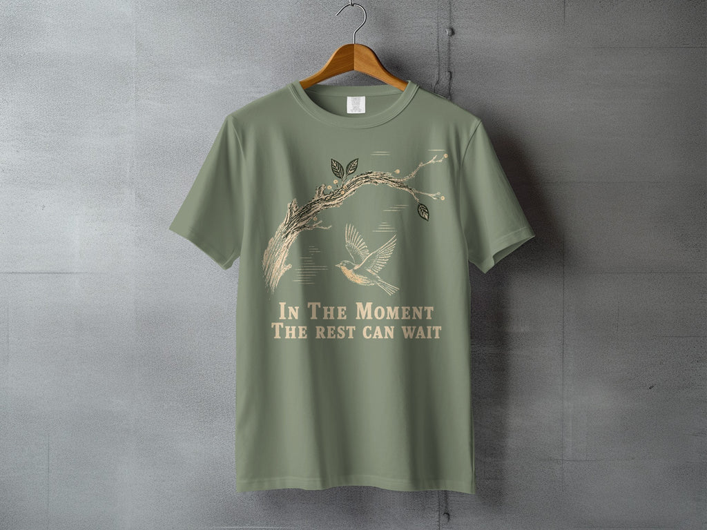 Olive green t-shirt with a graphic of a tree branch, a bird, and the text "In The Moment The Rest Can Wait."
