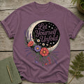 Purple t-shirt with "Let Yourself Unfold" text and moon surrounded by flowers.