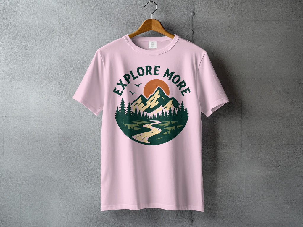 EXPLORE MORE Mountains Trees Sun River Pink product type