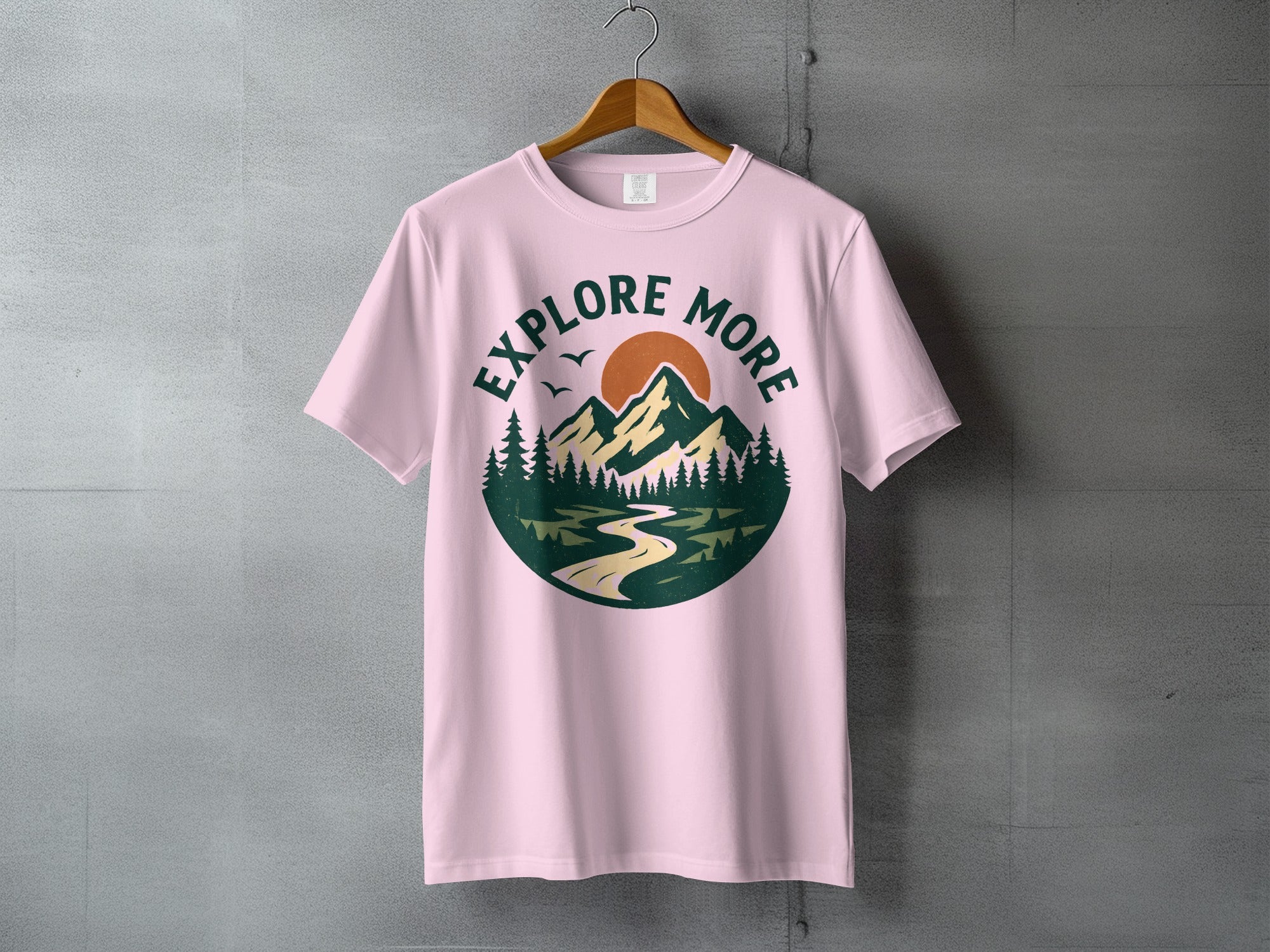 EXPLORE MORE Mountains Trees Sun River Pink product type