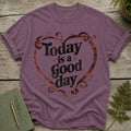 Purple t-shirt with heart-shaped graphic reading "Today is a Good day".