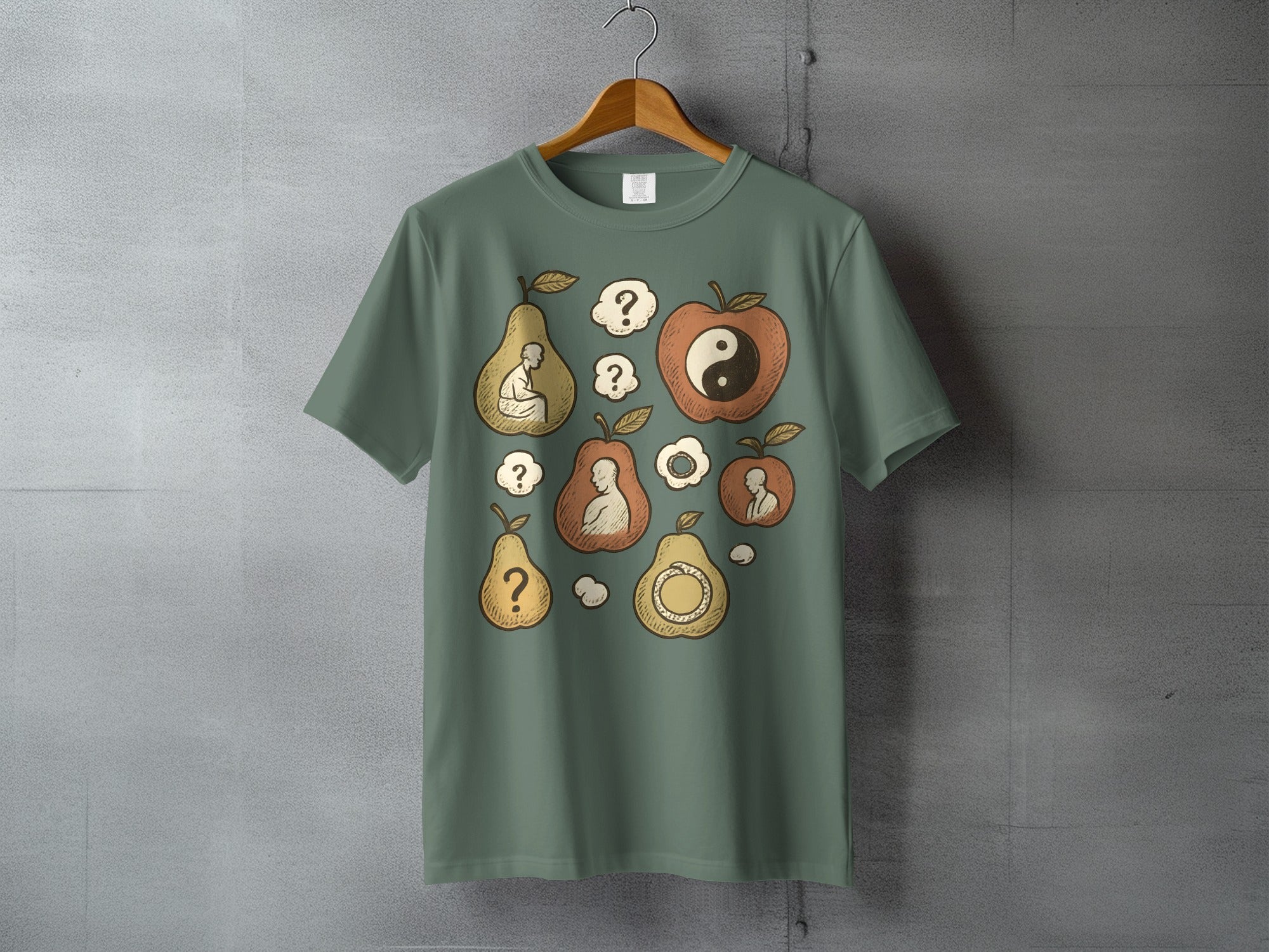 Meditative fruit design philosophical question mark product type
T-shirt, Graphic Tee, Meditation, Philosophy, Yin Yang, Apple, Pear, Fruit design, Question mark, Spiritual, Contemplation, Unique design, Artistic print, Unisex apparel, Sage green, Nature inspired, Symbolic art, Zen, Mindful design, Abstract art