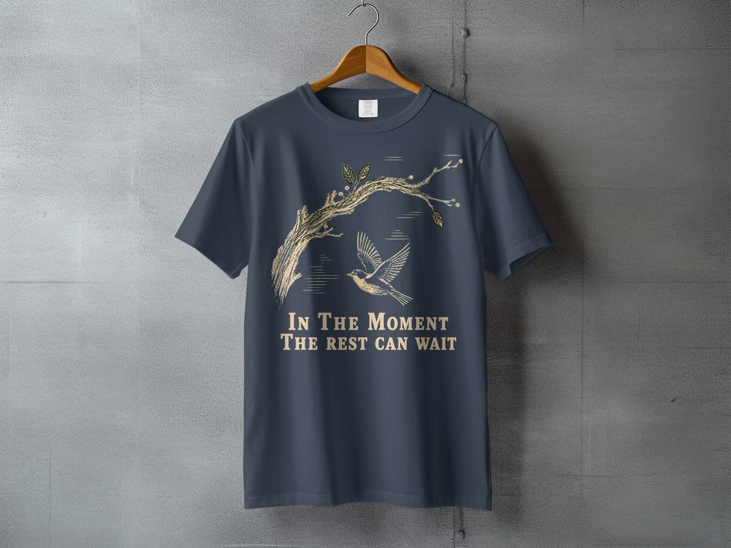 Dark blue t-shirt with a tree branch, bird, and the text "In The Moment The Rest Can Wait".