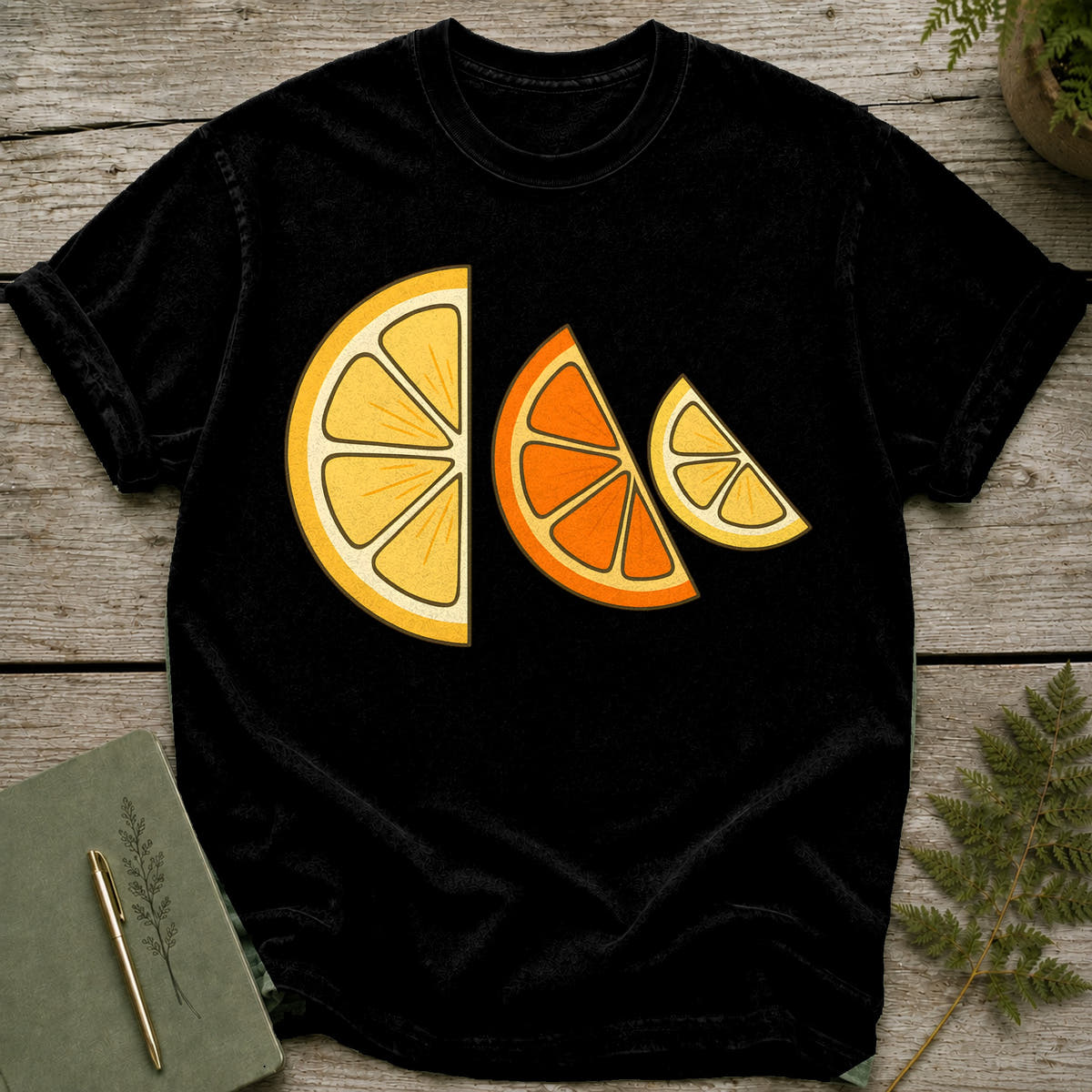 Black t-shirt with three stylized citrus slices: lemon, orange, and lemon.