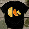 Black t-shirt with three stylized citrus slices: lemon, orange, and lemon.