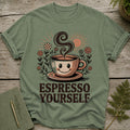 Green t-shirt with a smiley face coffee cup and "Espresso Yourself" text.