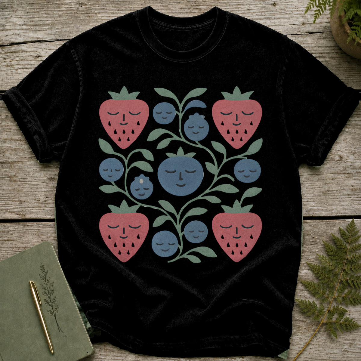 Black t-shirt with a square folk art print of strawberries and blueberries with faces.