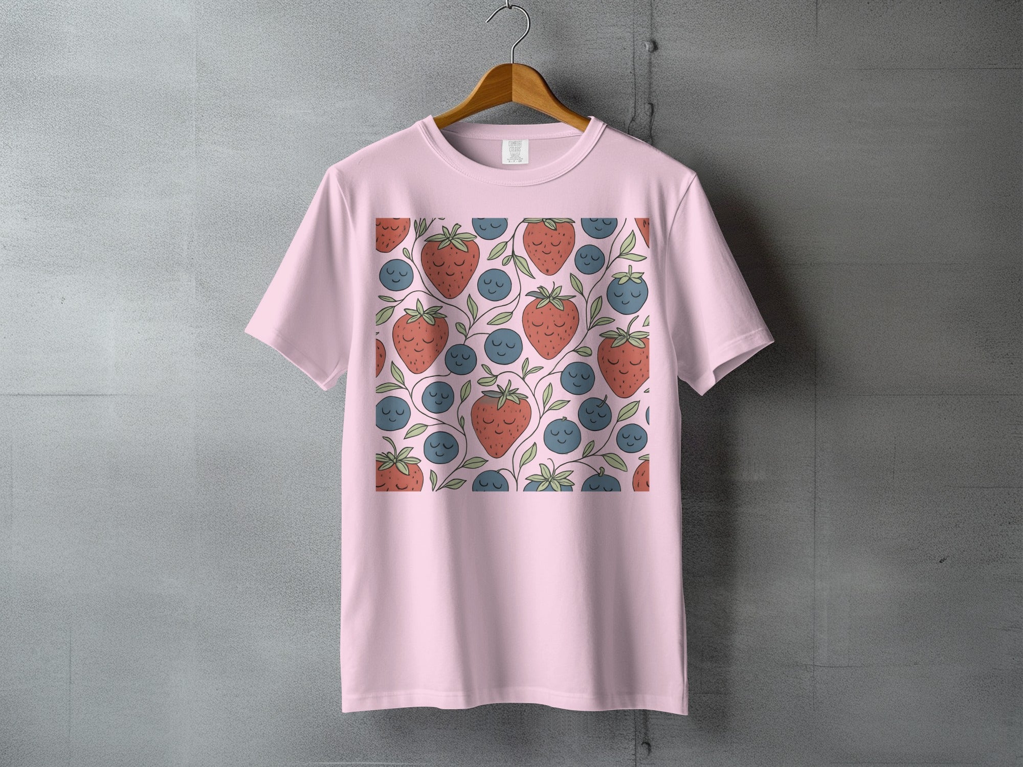 Pink Strawberry Blueberry Fruit Pattern Sleepy Faces product type
T-shirt
Strawberry
Blueberry
Fruit pattern
Cute design
Pink shirt
Berry print
Graphic tee
Sleepy fruit
Kawaii style
Whimsical
Nature inspired
Food theme
Summer top
Apparel
Clothing
Sweet pattern
Cartoon fruit
Unique print
Happy berry
