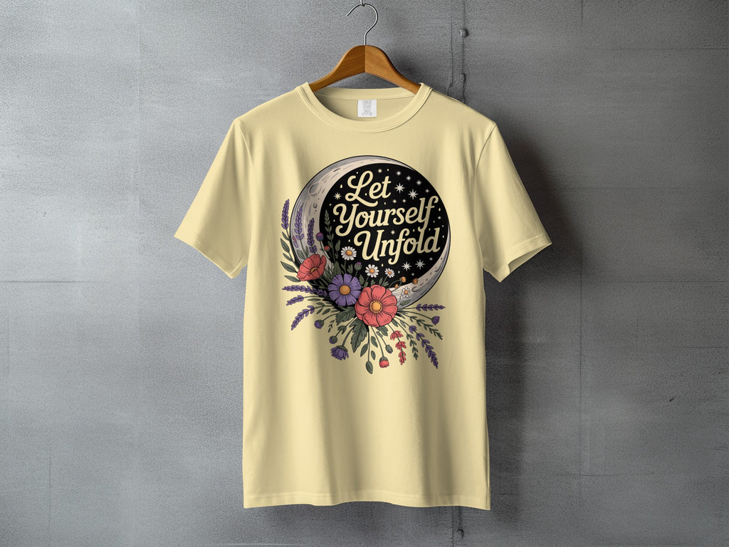 Let Yourself Unfold Floral Moon Stars Graphic T-Shirt product type
Let Yourself Unfold, Floral Moon Design, Celestial Graphic, Inspirational Quote, Boho Aesthetic, Nature T-Shirt, Self-Love Shirt, Moon Stars Print, Flower Art, Lavender Design, Daisy Flowers, Crescent Moon Tee, Positive Message, Aesthetic Clothing, Beige T-Shirt, Cream Apparel, Graphic Novelty, Unique Present, Spiritual Wear, Empowering Tee
