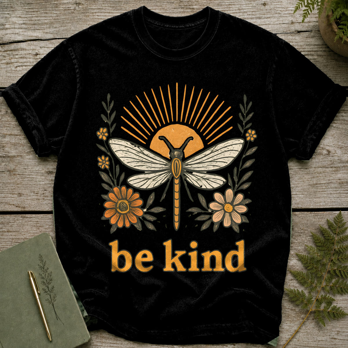 Black t-shirt with "be kind" text, a dragonfly, and floral designs.
