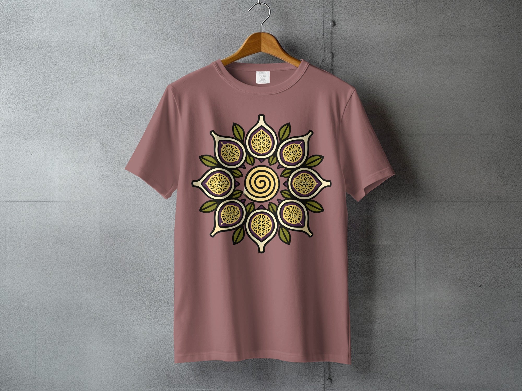 Fig Fruit Spiral Mandala Floral Design product type
Fig design
Mandala art
Spiral pattern
Botanical print
Fruit graphic
Geometric motif
Spiritual design
Boho style
Artistic shirt
Unique graphic
Colorful print
Aesthetic top
Nature pattern
Abstract art
Purple yellow
Green accent
Zen aesthetic
Mystical image
Circular pattern
Elegant design