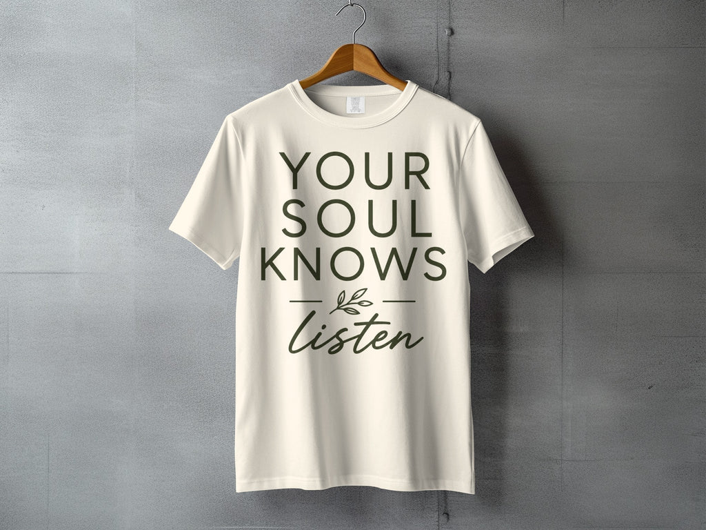 Cream t-shirt with "YOUR SOUL KNOWS Listen" text and small leaf graphic.