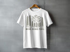 White t-shirt with mountain and pine tree graphic and "NATURE. BECAUSE PEOPLE." text.