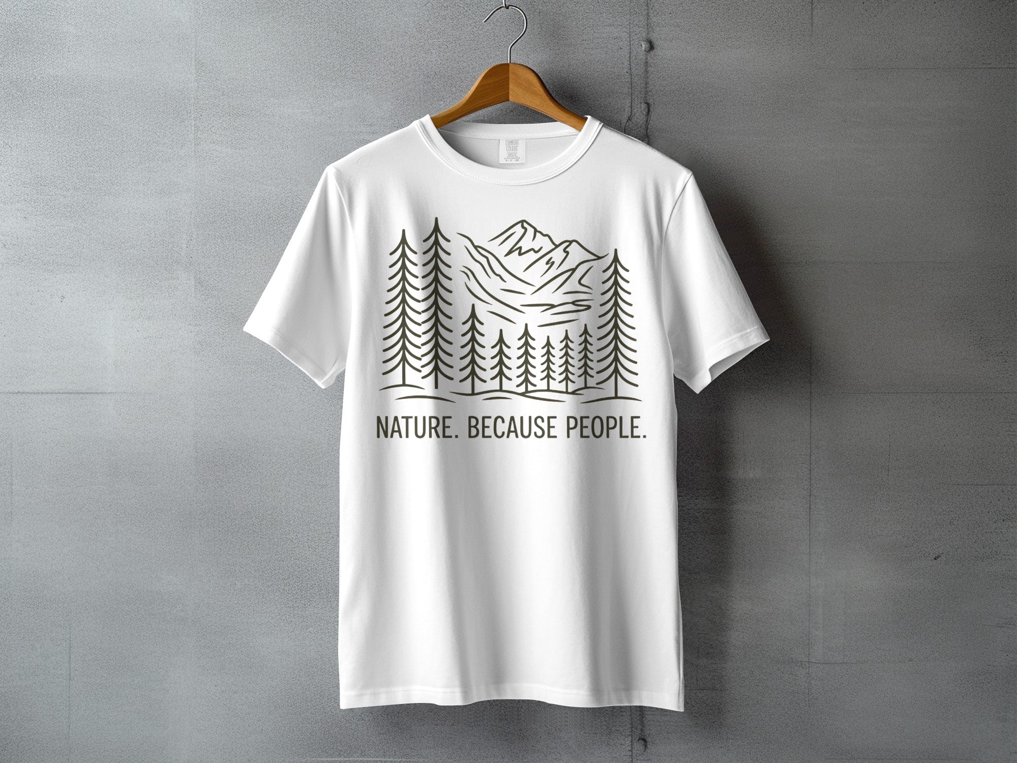 White t-shirt with mountain and pine tree graphic and "NATURE. BECAUSE PEOPLE." text.