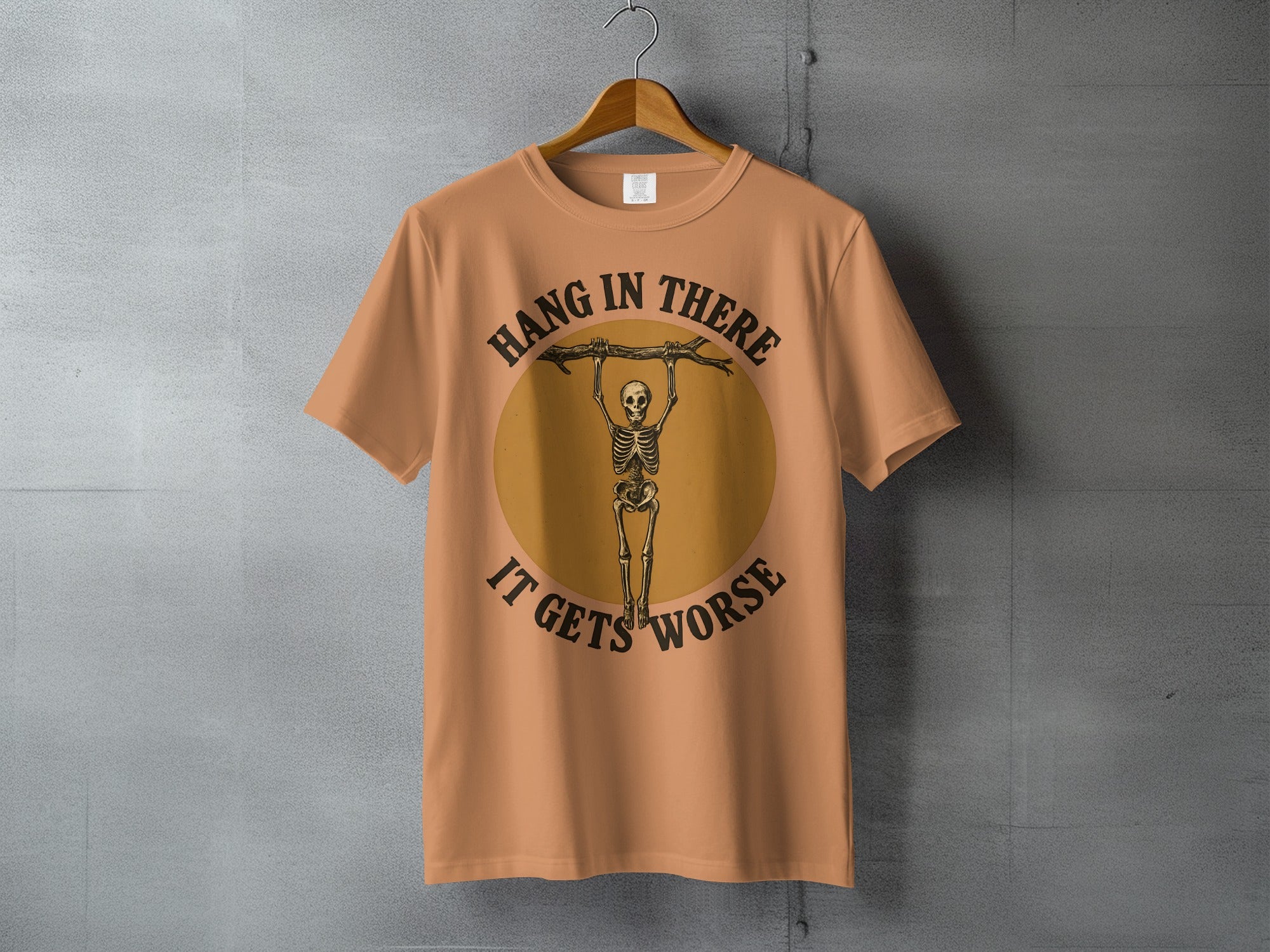 Hang In There It Gets Worse Skeleton Humor product type
Hang In There, It Gets Worse, Skeleton Tee, Funny Shirt, Dark Humor, Sarcastic Design, Gothic Style, Motivational Joke, Demotivational, Unique Graphic, Vintage Inspired, Branch Design, Cool Apparel, Statement Wear, Humorous Gift, Unisex Top, Spooky Vibe, Novelty Tee, Grim Reaper, Existential Humor