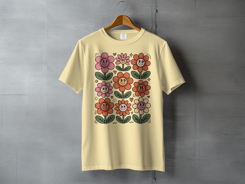 Groovy Happy Cartoon Smiling Floral Grid Beige product type