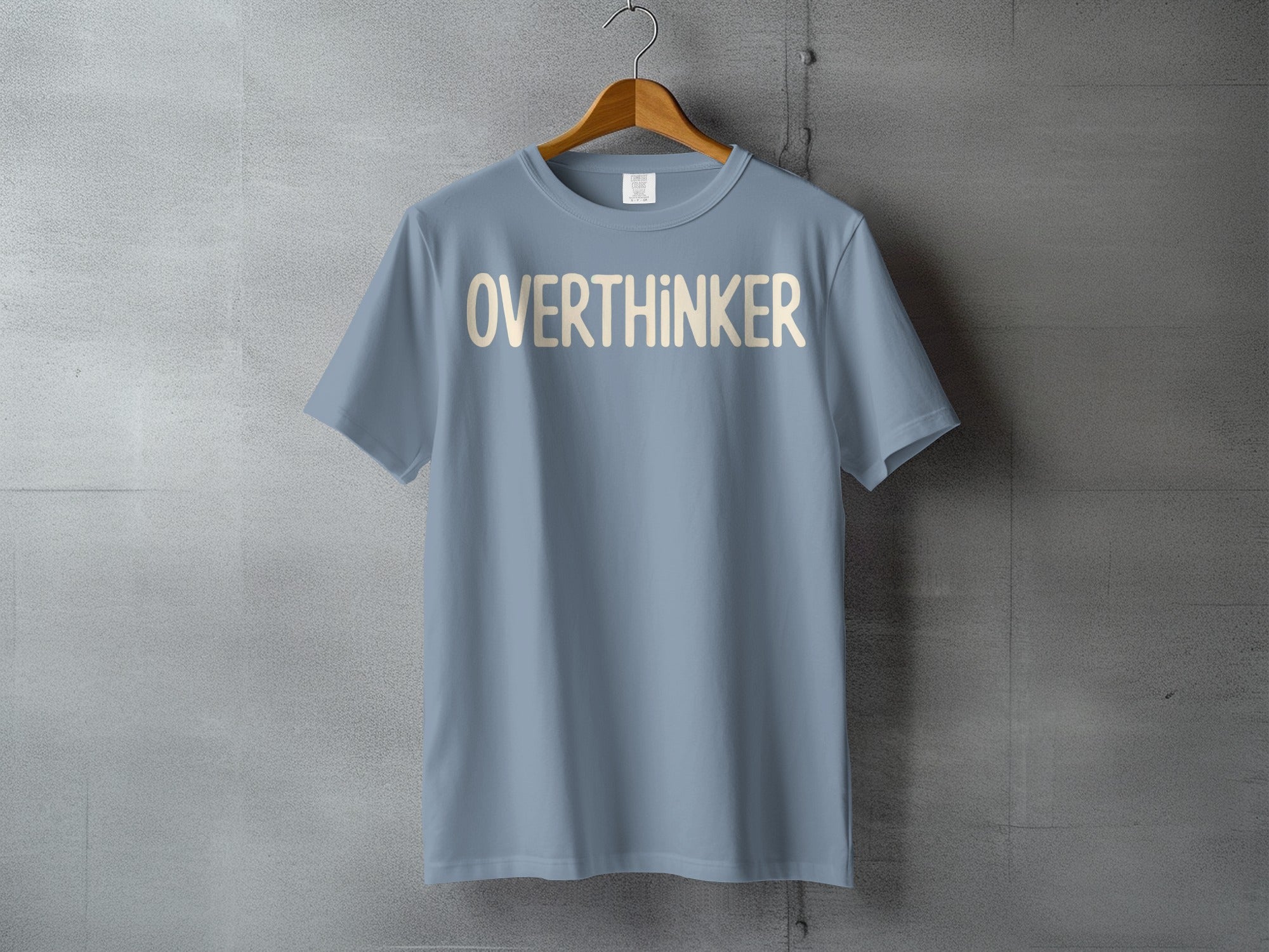 Modern Sky Blue OVERTHINKER Text Design T-shirt